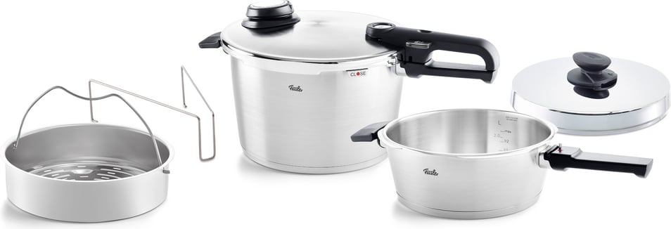 Szybkowar Vitavit Premium 4 l + 8 l z dodatkową patelnią, wkładem perforowanym i metalową pokrywką 6 el.