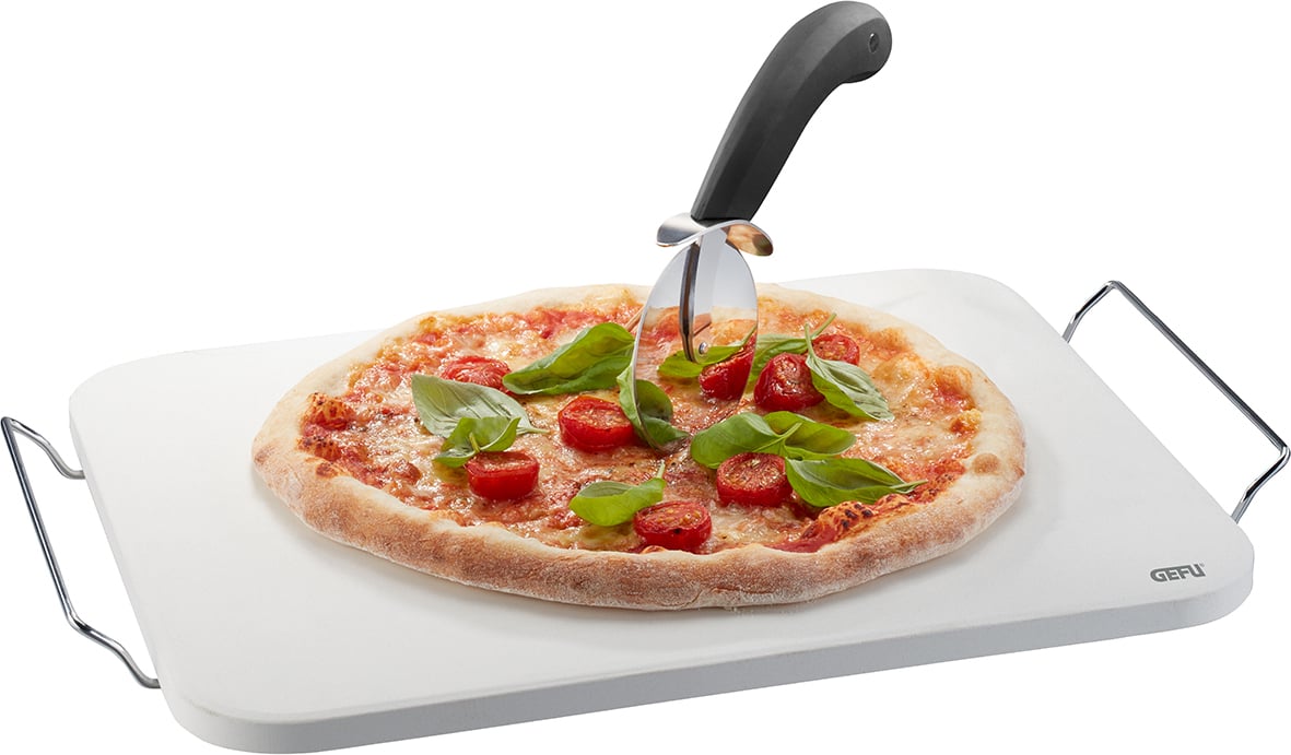Darioso Pizzastein rechteckig mit Pizzaschieber und Pizzaschneider, 3-teiliges Set