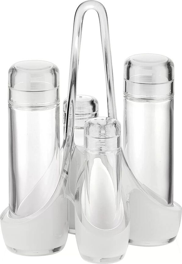 Dozatoare de ulei și oțet Two-tone transparente cu solniță și piperniță pe suport vertical 5 el.
