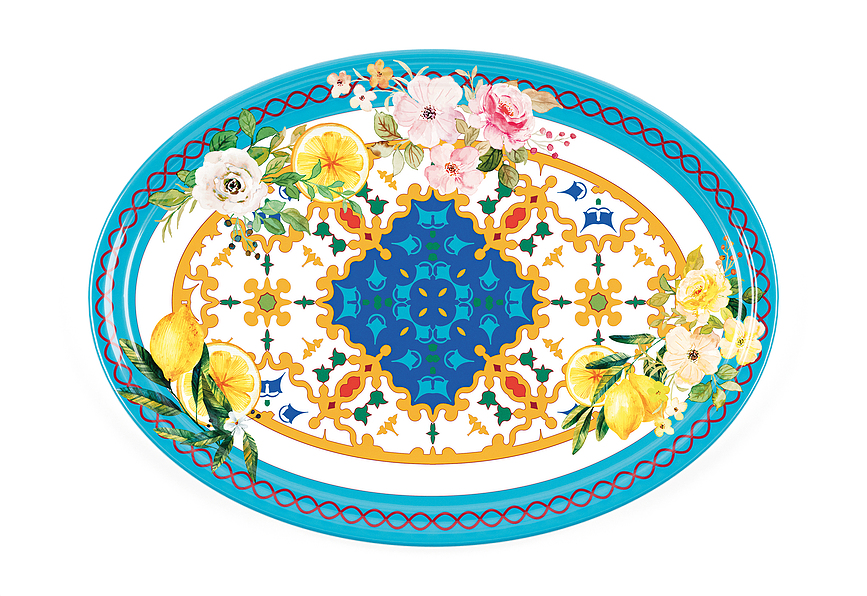 Flowers & Lemon Pladanj ovalni 35,5 cm plavo-žuti