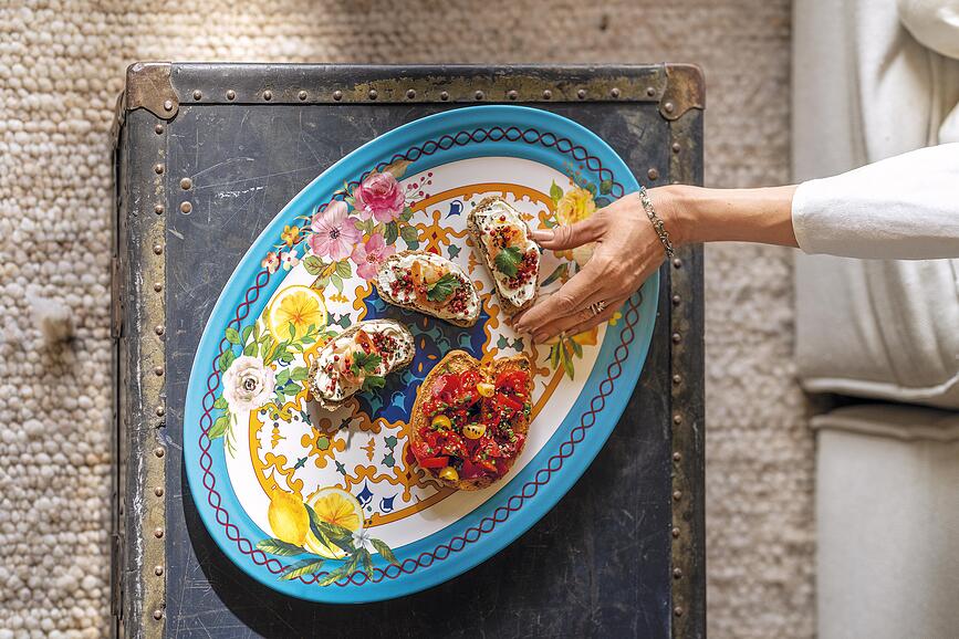 Flowers & Lemon Plat de Service ovale, 50 cm, bleu et jaune