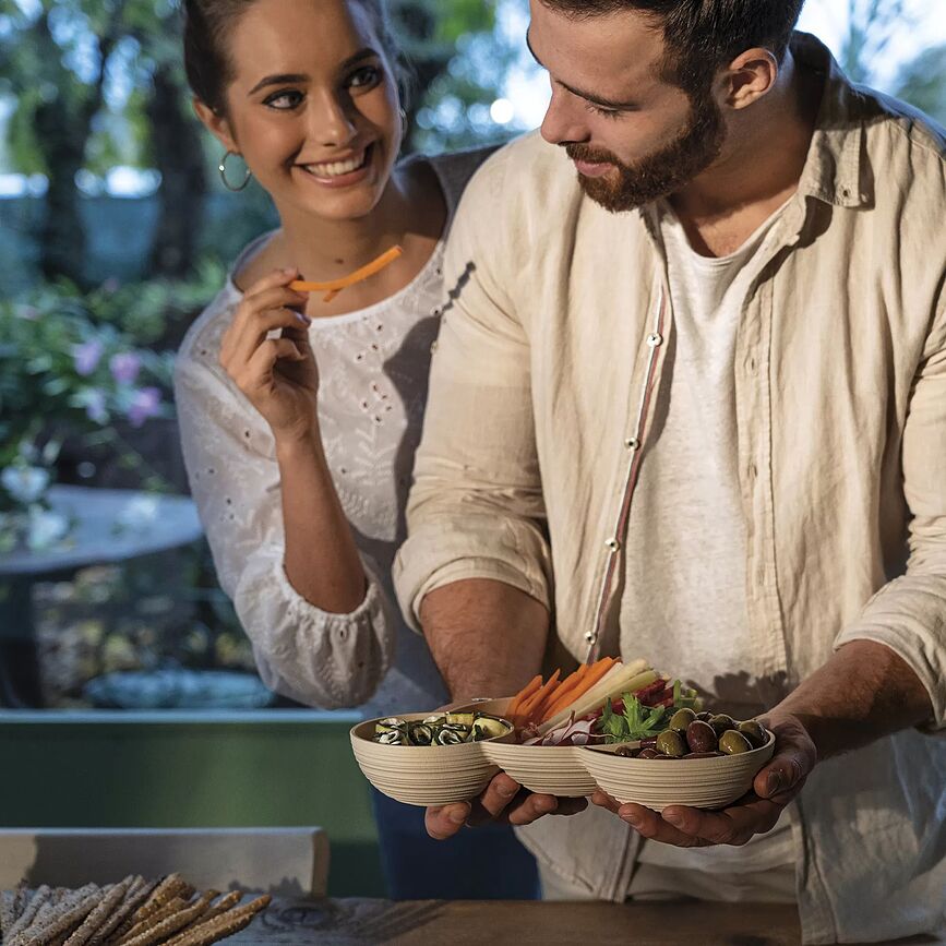 Fuente triple Tierra, de terracota, para aperitivos
