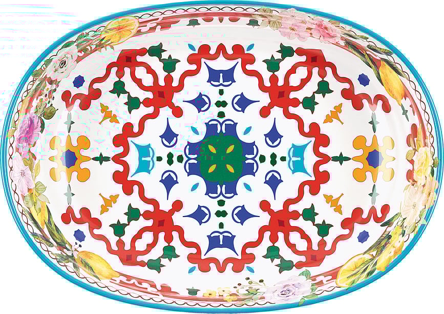 Fuente ovalada Flowers & Lemon, 32,5 cm, azul y roja