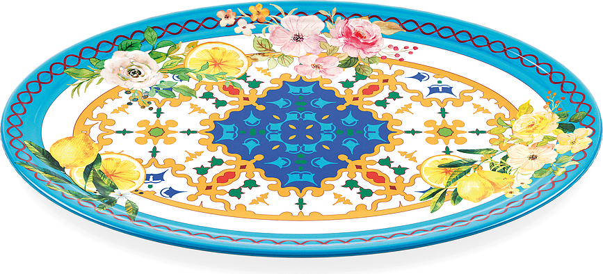 Fuente ovalada Flowers & Lemon, azul y amarillo