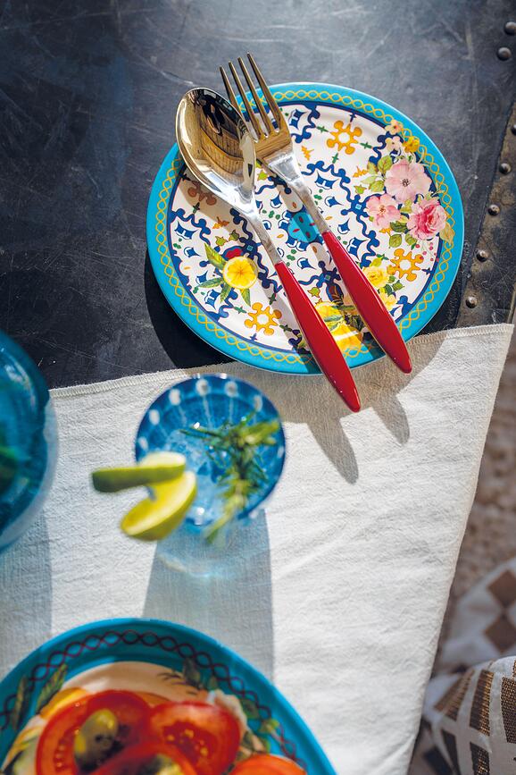 Plato Llano Flowers & Lemon, 27,5 cm, azul y rojo