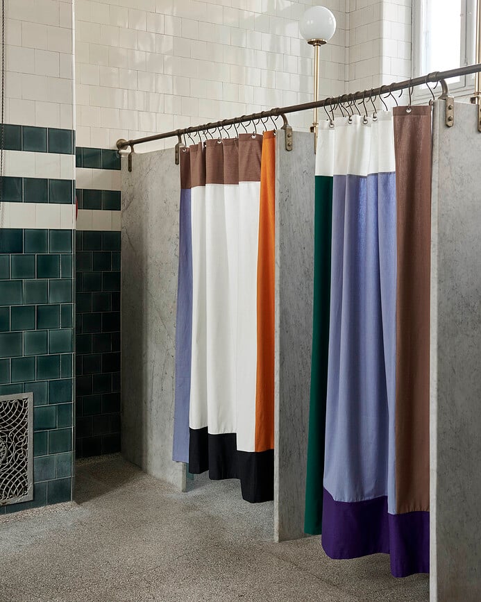 Cortina de Ducha Pivot, 180 x 200 cm, azul, beige y naranja