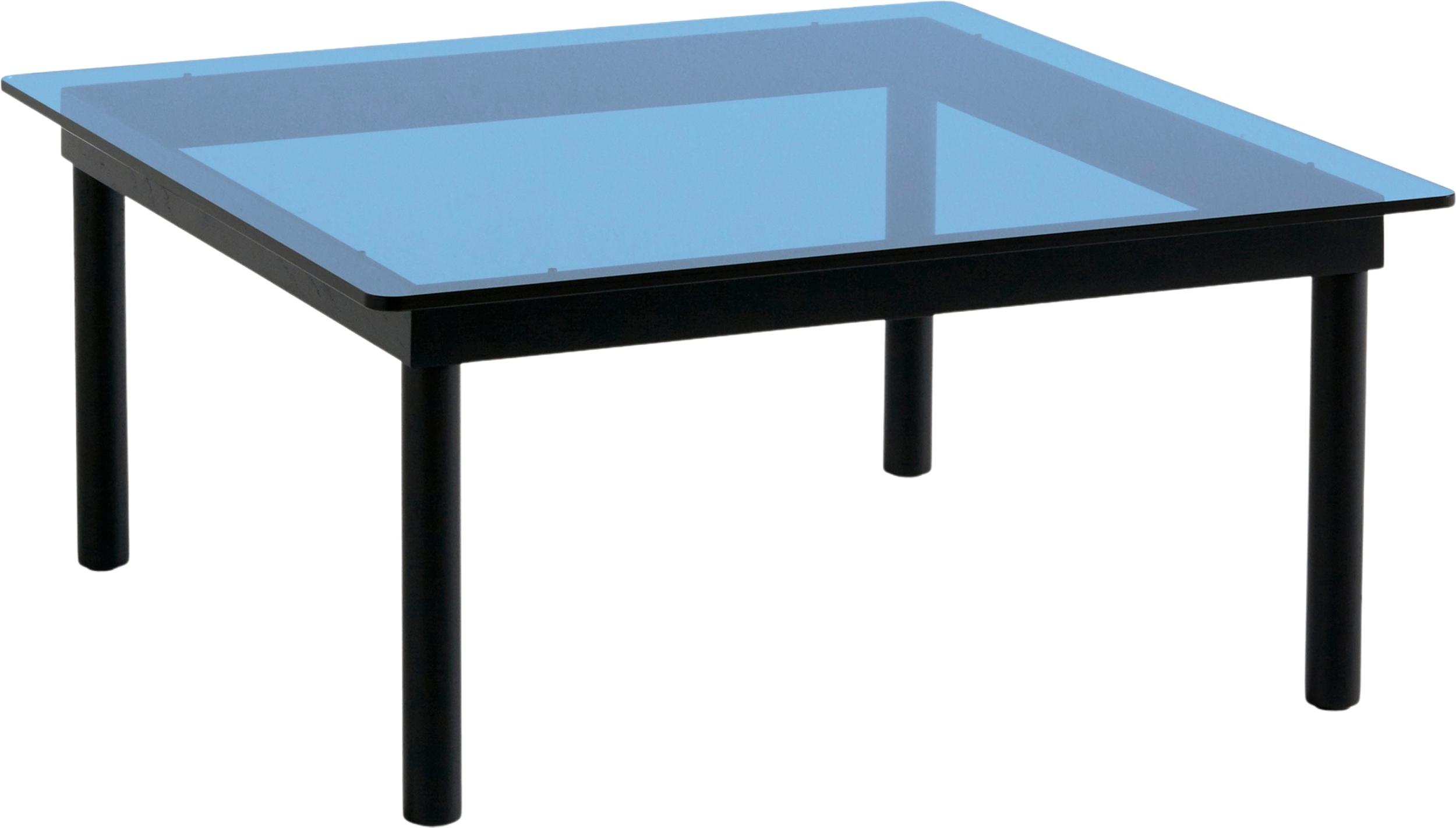 Kofi Couchtisch 80 x 80 cm, blaue Glasplatte, schwarze Eiche