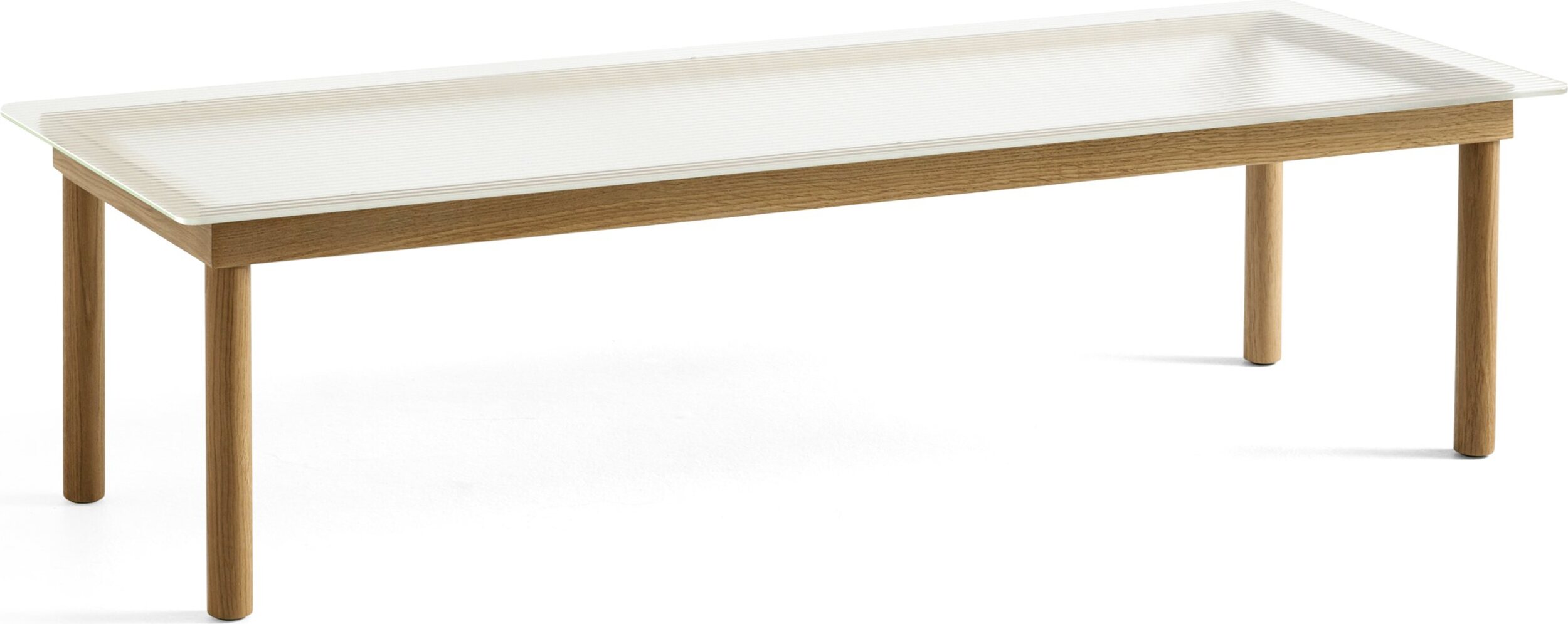 Kofi Kaffeetisch 50 x 140 cm Glasplatte mit Riffelstruktur mit Beinen aus Eiche