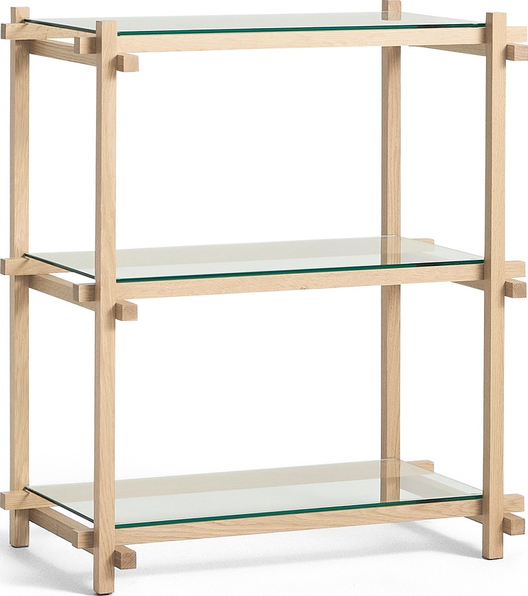 Policový regál Woody so sklenenými policami dubový rám 85,5 cm