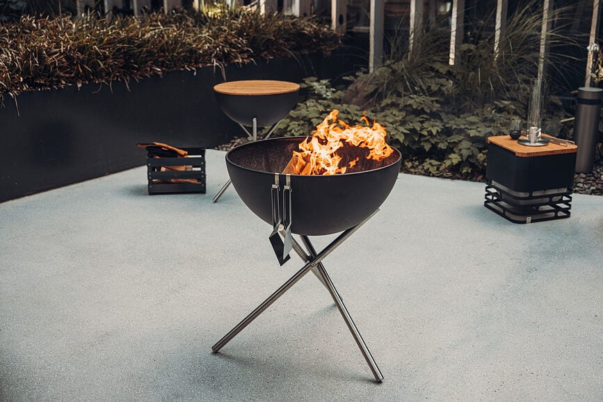 Brasero Bowl, alto 70 cm, con soporte y planchas de parrilla, Set de 4 piezas