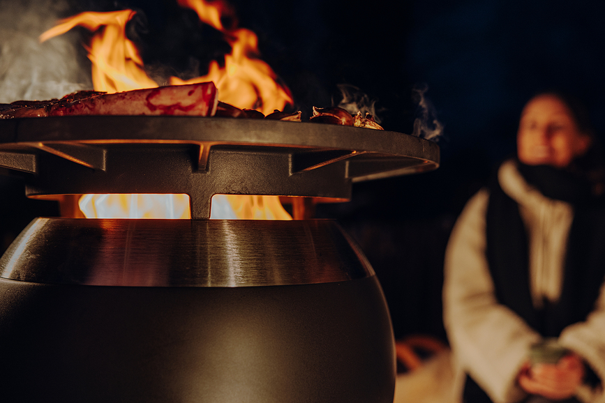Focolare con piastra grill Moon 55 cm, argento, con base alta