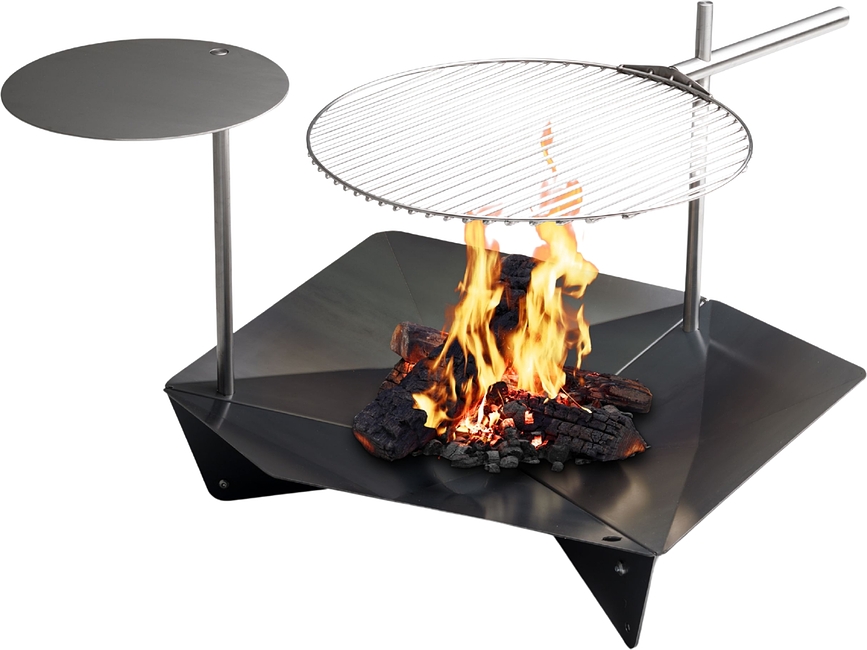 Triple Brasero avec grille de cuisson et table d'appoint, 90 cm, Set 3 pièces