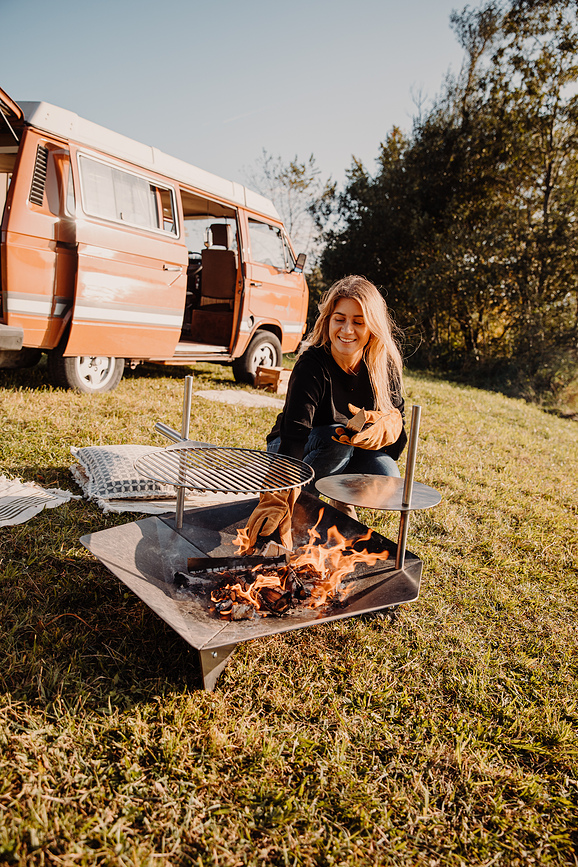 Triple Brasero avec grille et table d'appoint, 120 cm, Set 3 pièces