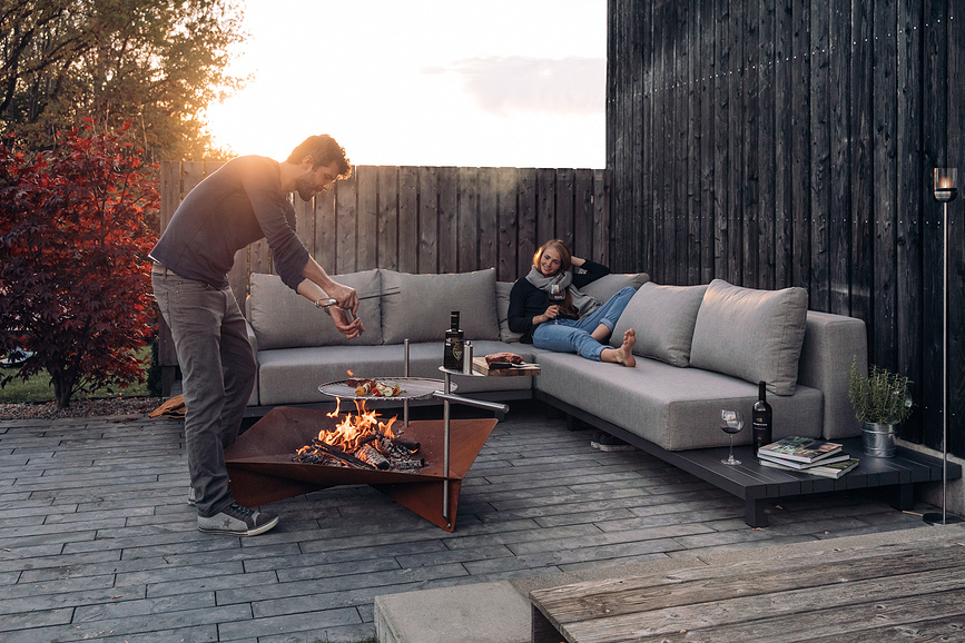 Triple Brasero avec grille et table d'appoint, 120 cm, Set 3 pièces