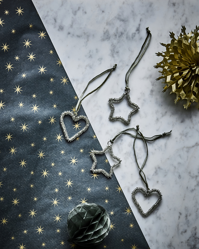 Adornos Navideños estrellas y corazones HDConnect, plateados, 4 unidades