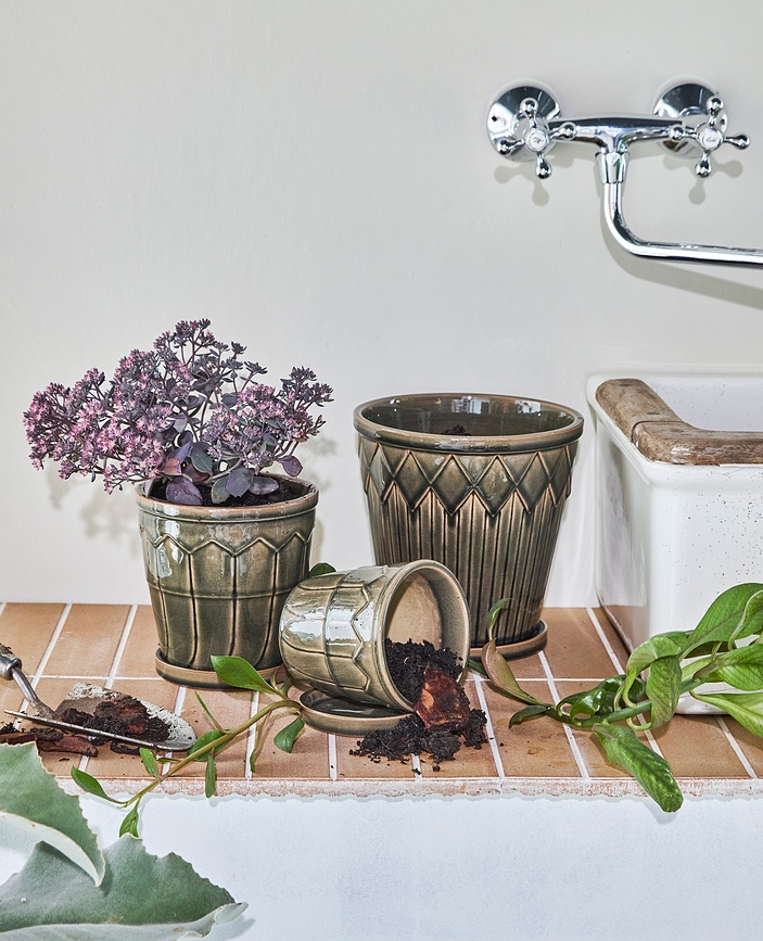 HDCora Pots avec soucoupes, bruns, Lot de 3