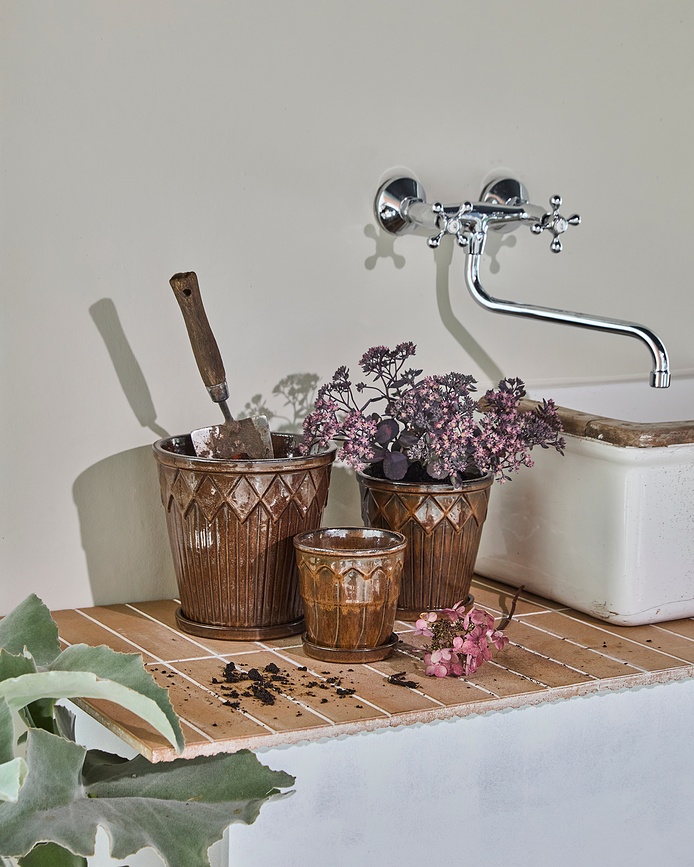 HDCora Pots avec soucoupes, bruns, Lot de 3