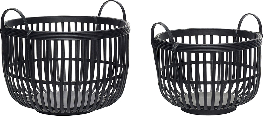 Hübsch Panier rond, en rotin, noir, Lot de 2