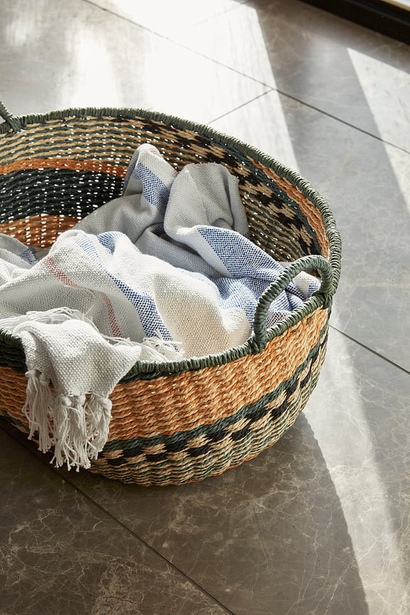 Hübsch 701101 Plaid à franges, blanc et bleu