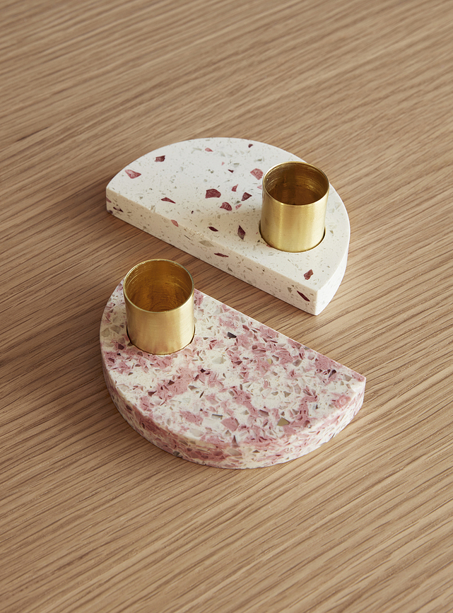 Hübsch Svečnik, terrazzo, črno-bel, 2 kosa