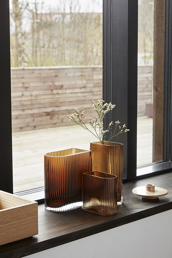 Hübsch Vases cannelés, ambrés, en verre, Lot de 3