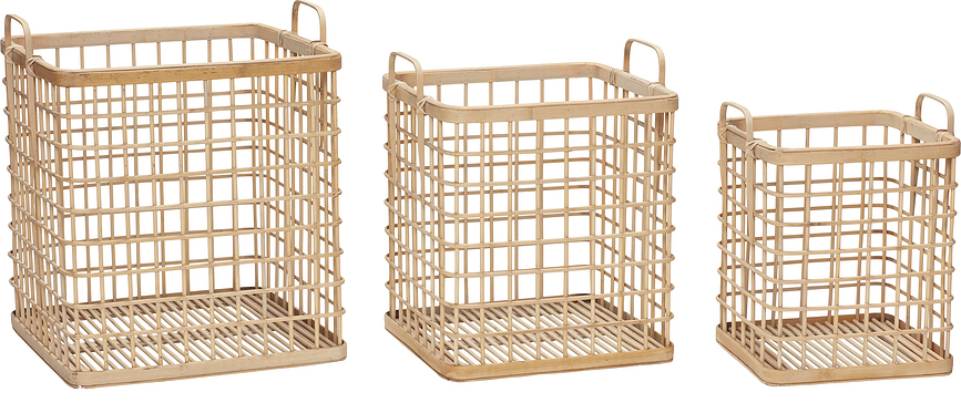 Set de Cestas de bambú Hübsch, cuadradas, con asas, 3 unidades