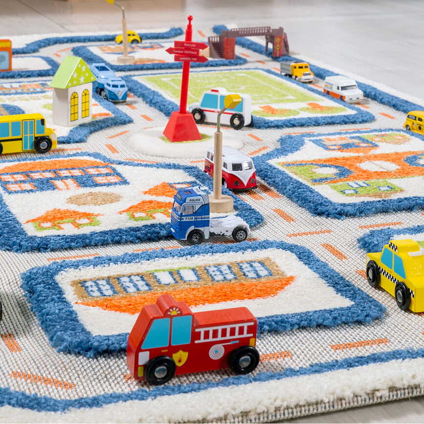 Alfombra de juegos IVI, diseño Ciudad, 80 x 150 cm, azul