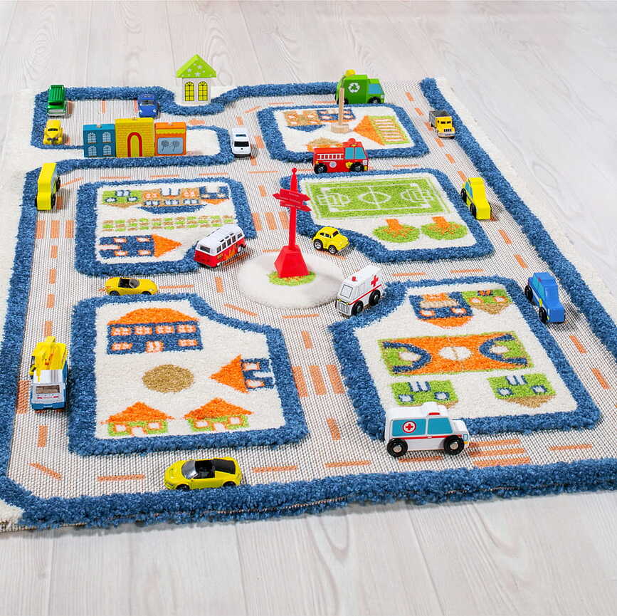 Alfombra de juegos IVI, diseño Ciudad, 80 x 150 cm, azul
