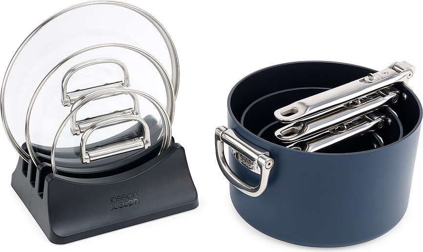 Batería de cocina Space, azul, con soporte para tapas y separadores protectores, Set de 9 piezas