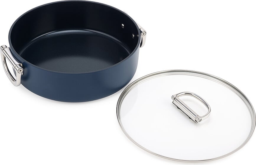 Cazuela baja Space, 28 cm, azul, con asas plegables y tapa