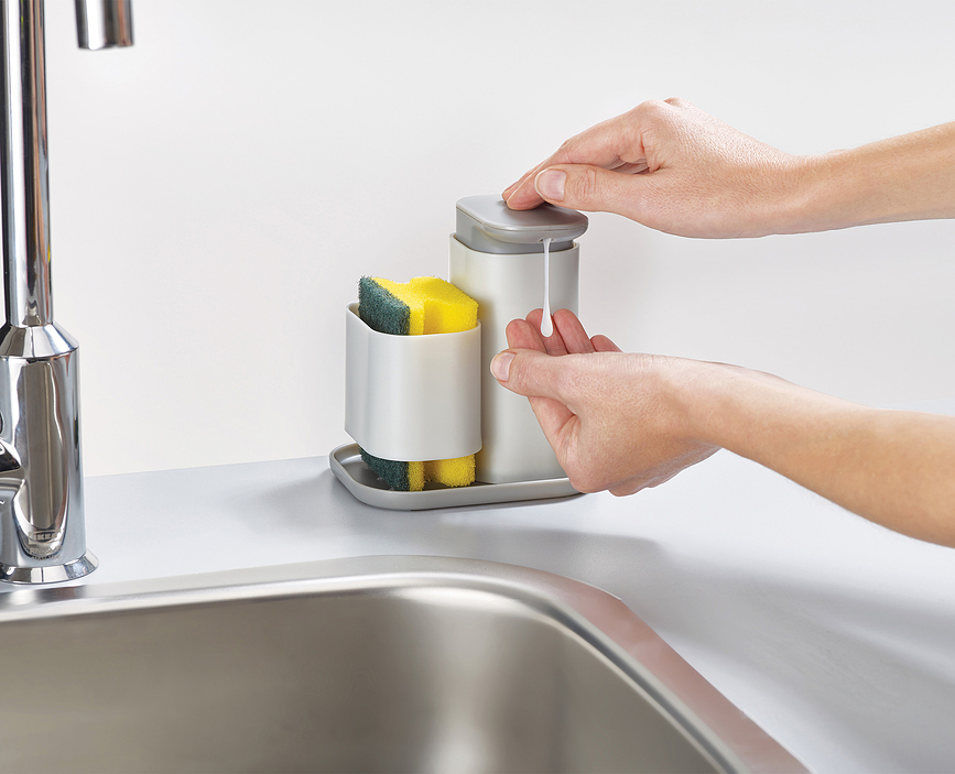 Duo Distributeur pour liquide vaisselle avec porte-éponge, gris