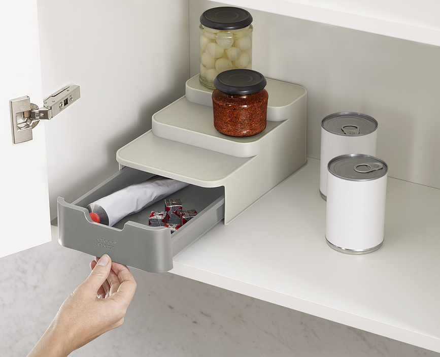 Duo Organisateur de Rangement à trois niveaux, avec tiroir, gris