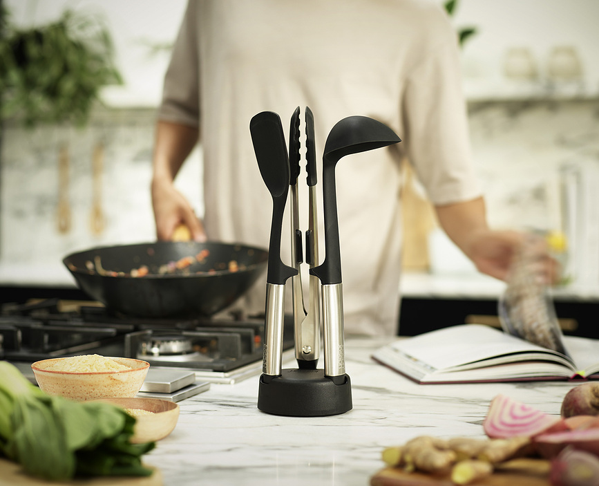 Elevate Set d'ustensiles de cuisine avec support, noir et argenté, Set 4 pièces