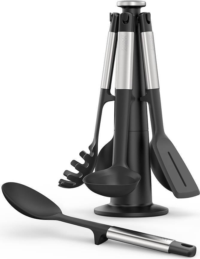 Elevate Set d'Ustensiles de Cuisine sur support, noir et argent, Set 6 pièces