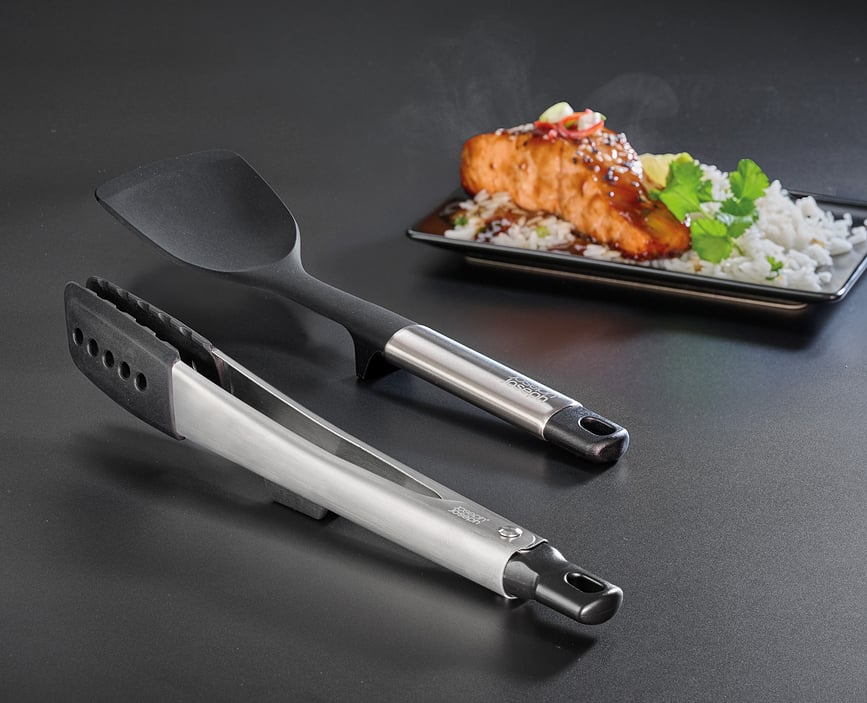 Juego de Utensilios de Cocina con soporte Elevate, negro y plateado, Set de 4 piezas