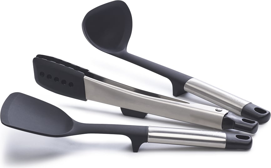 Juego de Utensilios de Cocina con soporte Elevate, negro y plateado, Set de 4 piezas