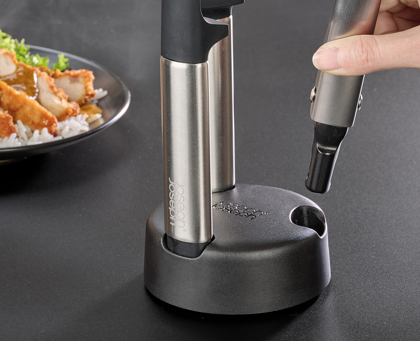 Juego de Utensilios de Cocina con soporte Elevate, negro y plateado, Set de 4 piezas