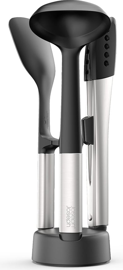 Juego de Utensilios de Cocina con soporte Elevate, negro y plateado, Set de 4 piezas