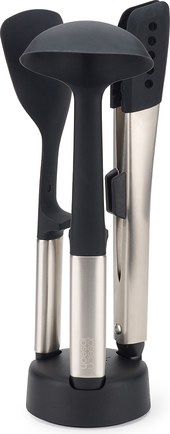 Juego de Utensilios de Cocina con soporte Elevate, negro y plateado, Set de 4 piezas