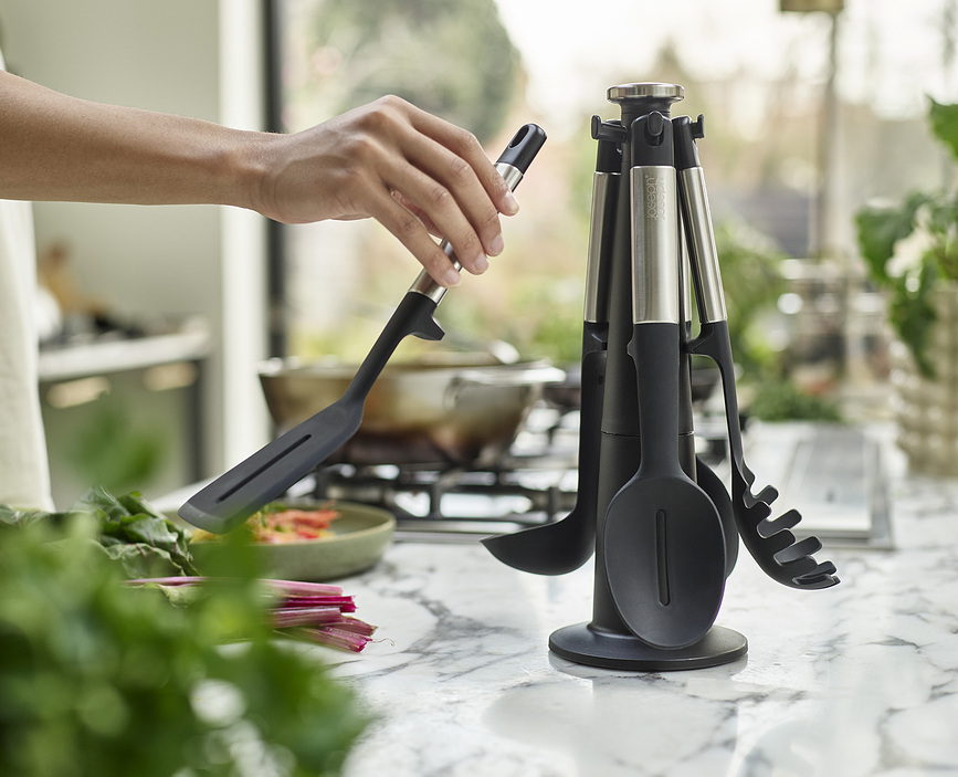 Juego de Utensilios de cocina Elevate, con soporte, negro y plateado, Set de 6 piezas