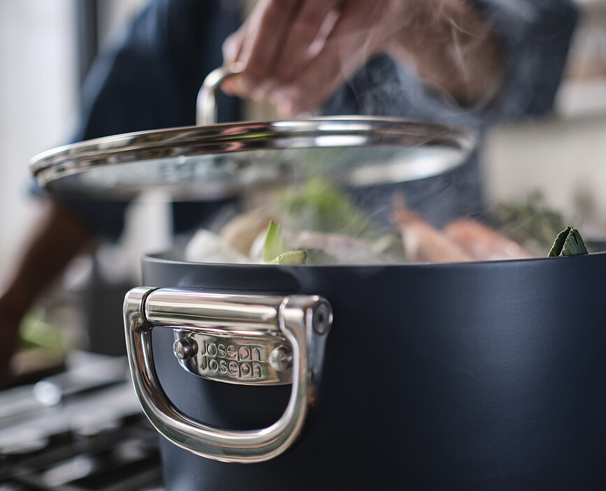 Olla alta Space, 25 cm, azul, con asas plegables y tapa