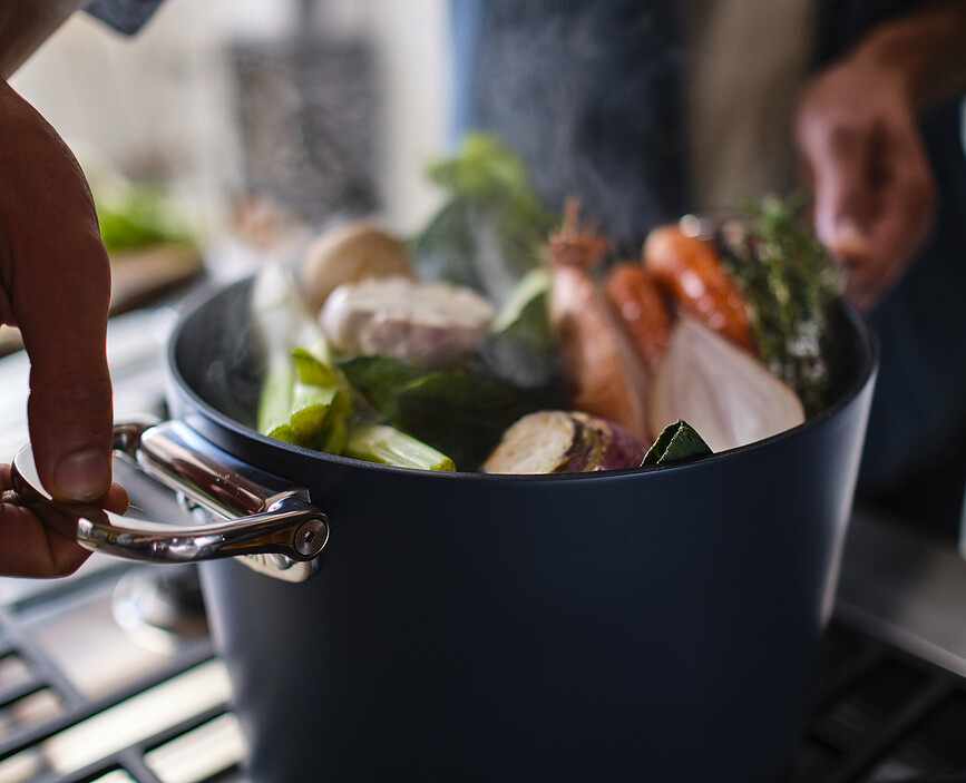 Olla alta Space, 25 cm, azul, con asas plegables y tapa