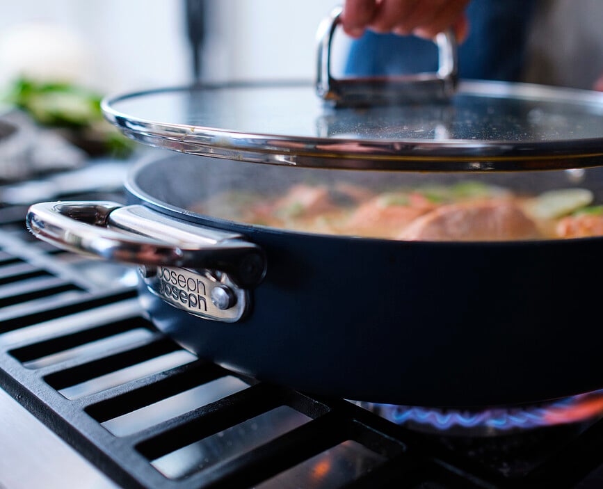 Sartén con mangos plegables Space, 28 cm, azul, con tapa