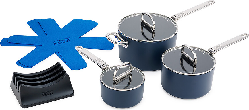 Space Set de Casseroles avec support pour couvercles et séparateurs de protection, bleues, Set 9 pièces