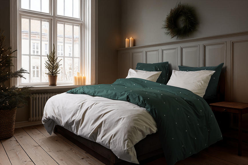 Christmas Fable Parure de lit 140 x 220 cm, vert foncé, avec 1 taie d'oreiller 60 x 63 cm