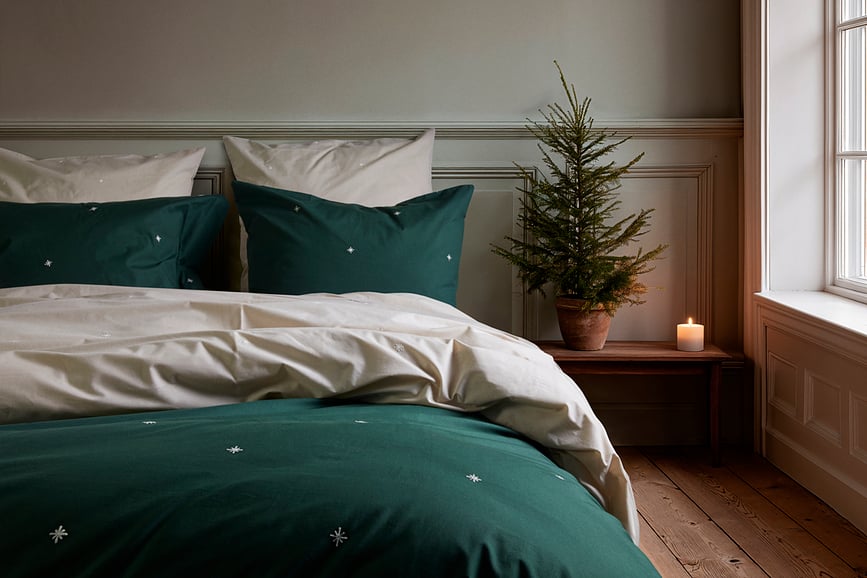 Funda Nórdica Christmas Fable, 140 x 200 cm, verde oscuro, funda de almohada 60 x 63 cm, Set de 2 piezas