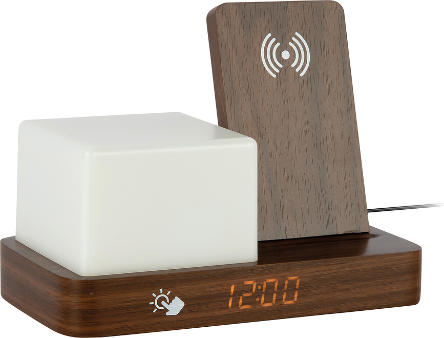 Despertador con cargador inalámbrico, luz nocturna, diseño Retro LED, efecto madera oscura