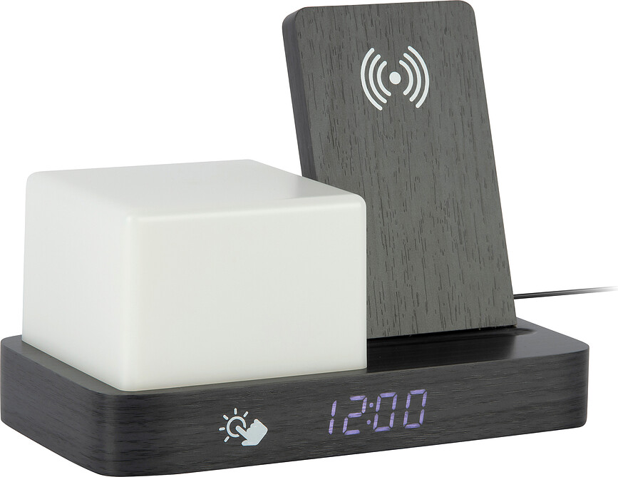 Despertador con Cargador Inalámbrico y Luz Nocturna, estilo retro, LED, madera negra
