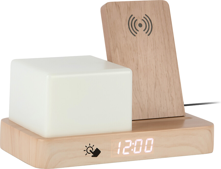 Despertador con Cargador Inalámbrico y Luz Nocturna, LED, estilo Retro, madera clara