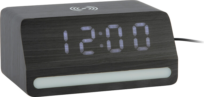 Despertador LED de madera negra, retro, con cargador inalámbrico